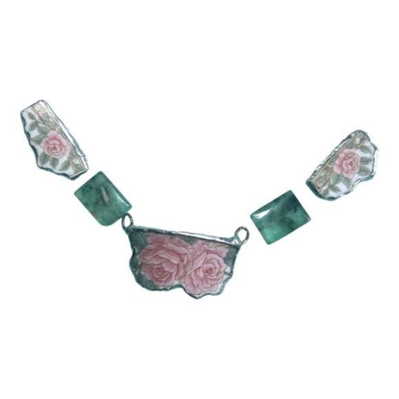 Artisan Antique Roses Broken Lynns China Necklace Hand Soldered Prenhite Stones - Picture 6 of 14